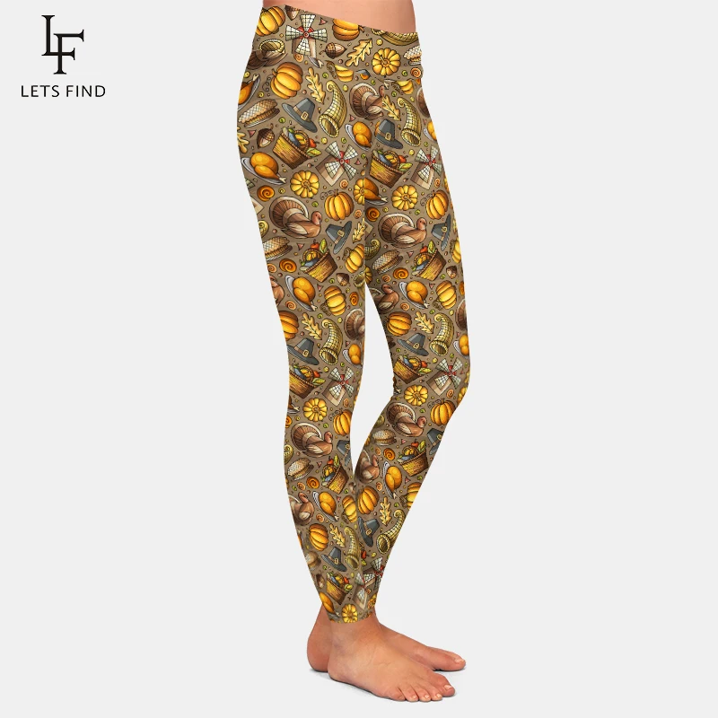 LETSFIND-Leggings de alta calidad para mujer, Pantalón elástico de Fitness con estampado 3D de elementos de pavo y otoño, Día de Acción de Gracias