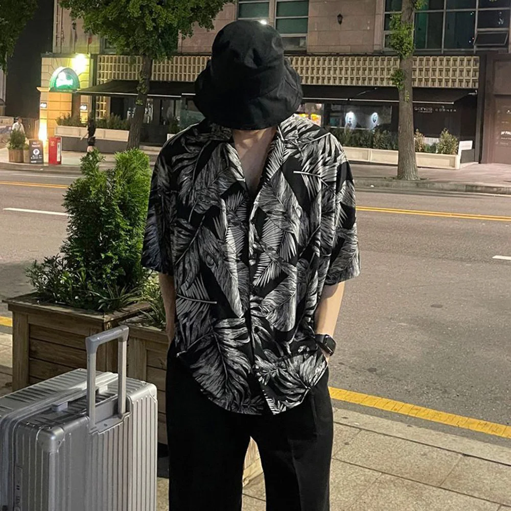 Y2k Mens Shirt Full Leaf Print Shirt Summer Japanese Street Wear Personality All-Match Youth Trend Thin Tops Men'S Clothing 2024