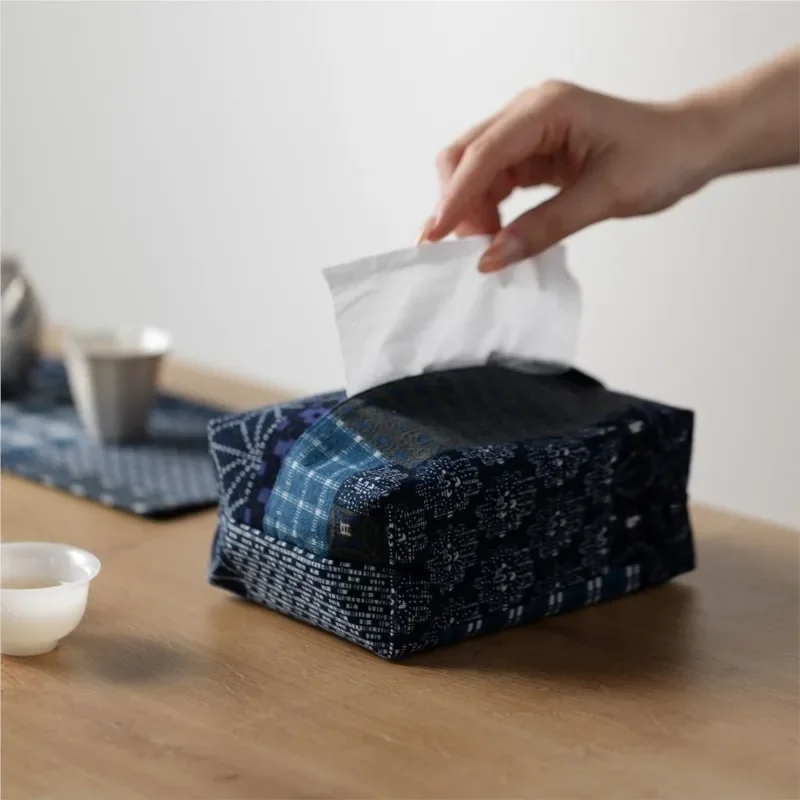 Handmade Fabric Indigo Retro Tissue Box Cotton Linen Color Matching Desktop Paper Storage Box Fabric Decoration Ornament ZI933