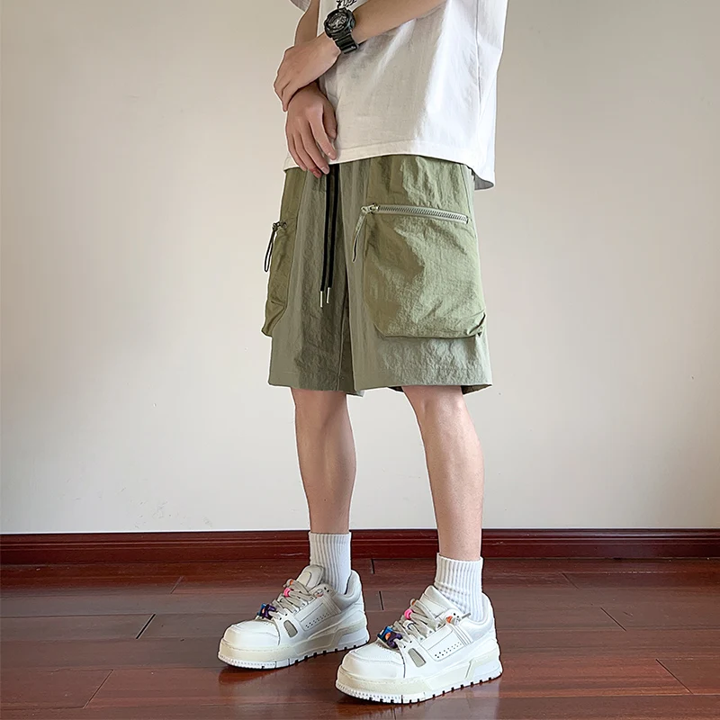 Basic Safari Style Pockets Casual Shorts Men's Clothing Youthful Vitality Solid Color Summer Sports Loose Straight Knee Pants