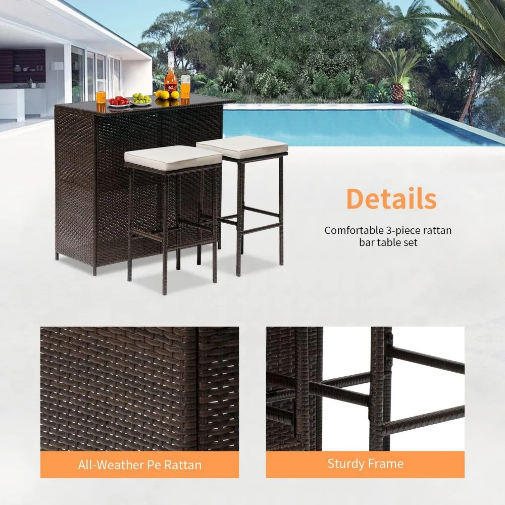 Furnitur Teras Anyaman 3 Buah Set Teras Kursi Anyaman Set Percakapan Rotan Luar Ruangan Set Bistro Meja Kopi untuk Halaman atau Punggung