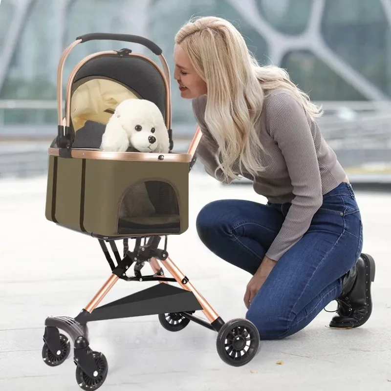 Ultra Light Foldable Pet Trolley Cart, Rear Wheel Dual Locking Brake System, Breathable Mesh Sun Canopy, All-Terrain Portable Pet Carrier For Teddy Bichon Kittens pet stroller dog stroller