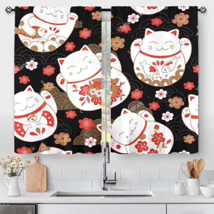 2PCS Digital Print Curtains, Black Maneki Neko Lucky Cat Red Sakura Pattern, Japanese Style for Bedroom Living Room Decor
