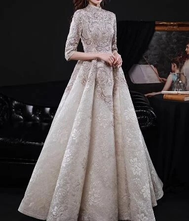 Luxury Champagne Prom Dresses Half Sleeves Lace Beaded Elegant Formal High Neck A Line Long Wedding Celebrity Evening Gowns New AliExpress