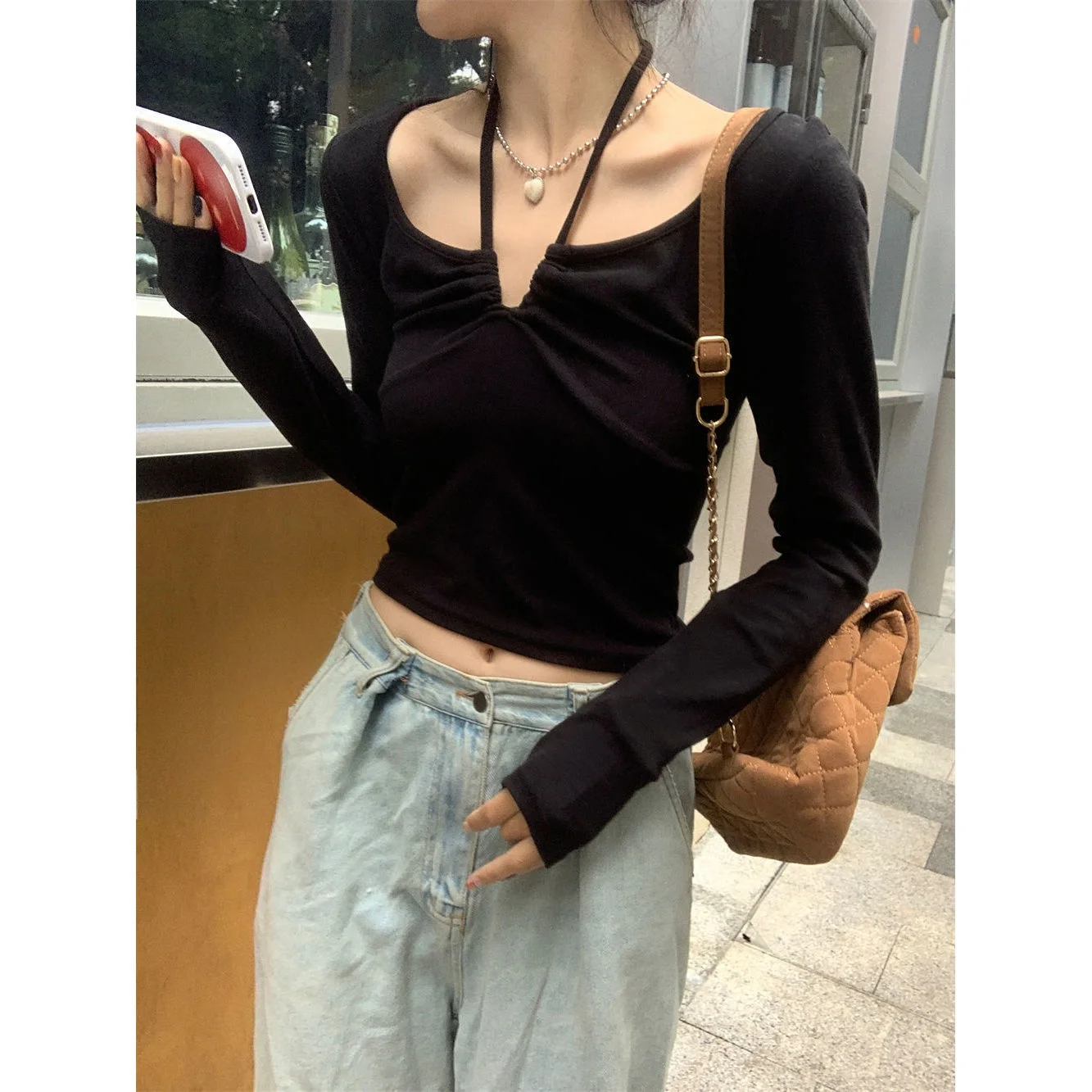 Double-Sided Velvet Long Sleeve V-Neck T-Shirt Women's Autumn Base Shirt Slim Fit Short Style Sexy Hang Neck Top