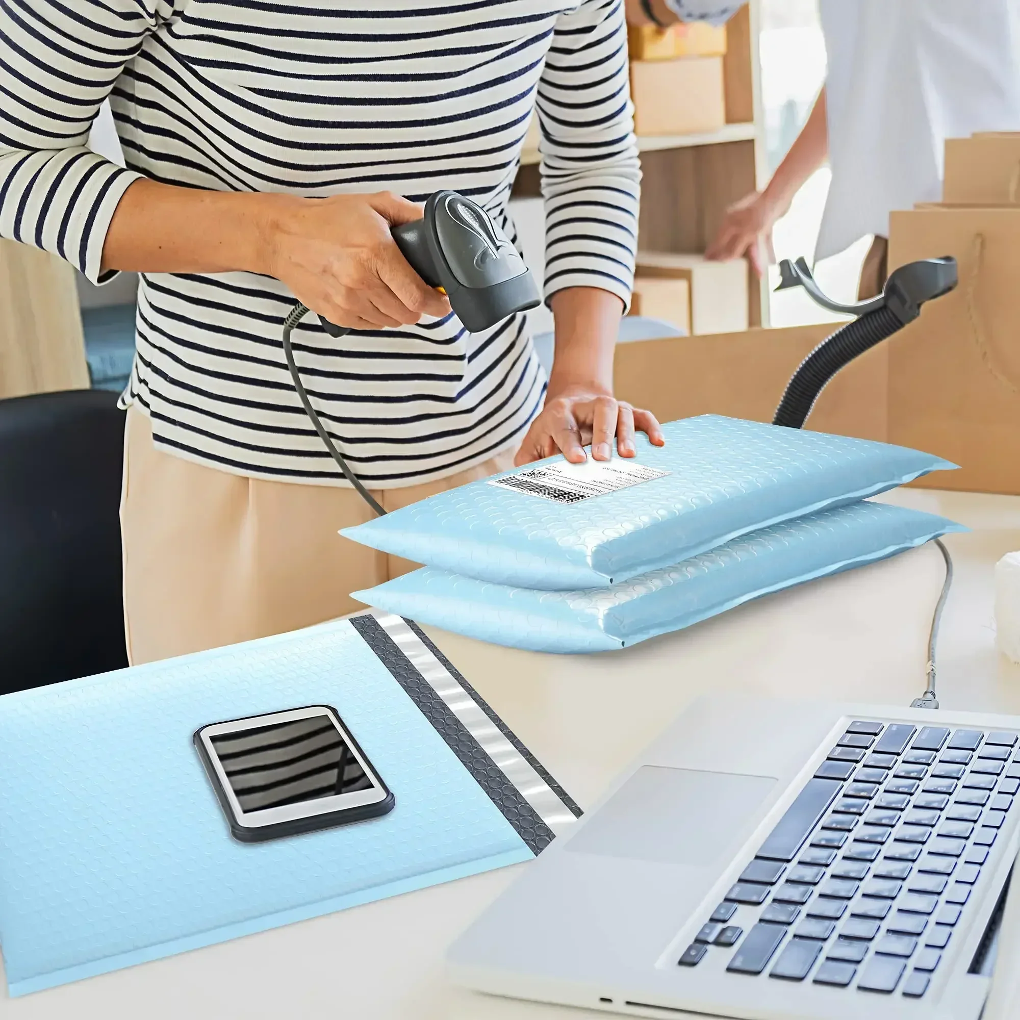 Sobres de correo con burbujas pequeñas para piezas, sobres de negocios con sello azul, autoacolchados, 100