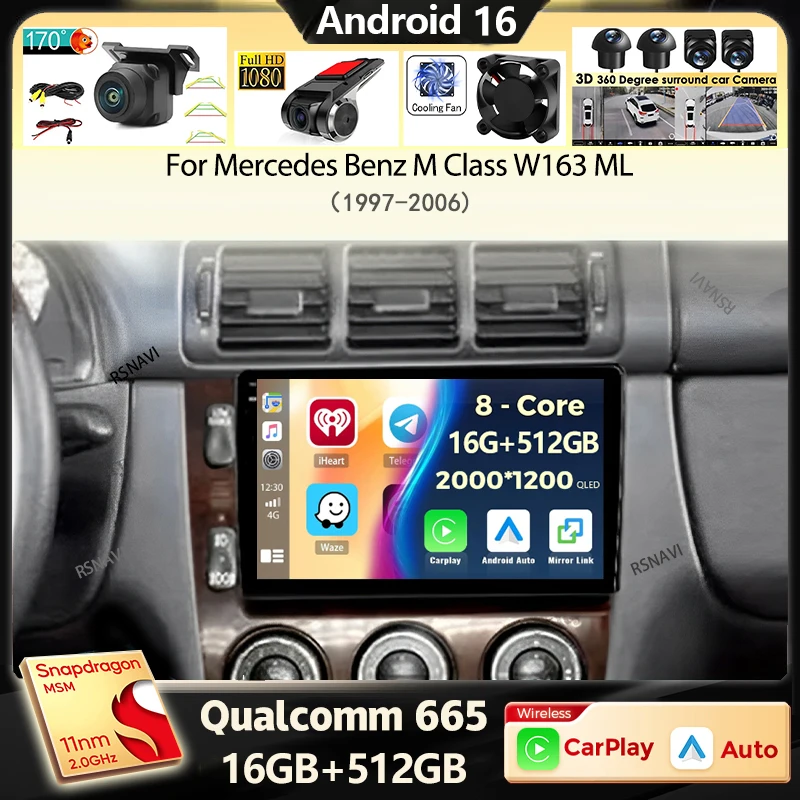 Android 16 Carplay Car Radio For Mercedes Benz M Class W163 ML 1997-2006 Navigation GPS Multimedia Video Player 4G+WIFI Stereo