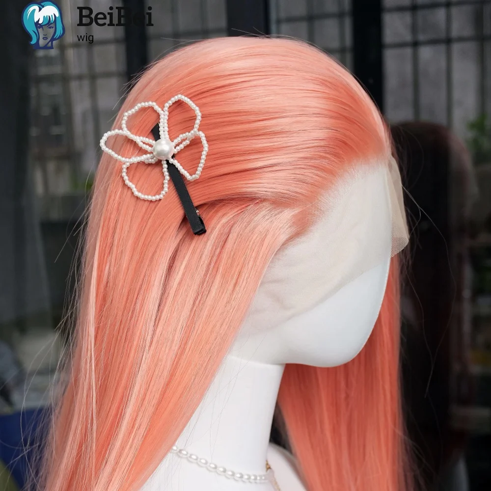 BeiBei13x4 Coral Pink Natura Wigs for Women Long Straight Synthetic Lace Wig  Pre Plucked 26Inches Lolita Free Parting Hair Wigs