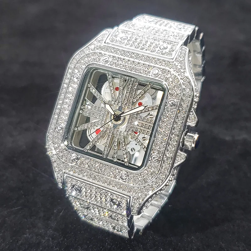 Reloj de pulsera cuadrado para hombre, cronógrafo de cuarzo con diamantes brillantes, diseño clásico, estilo Hip Hop