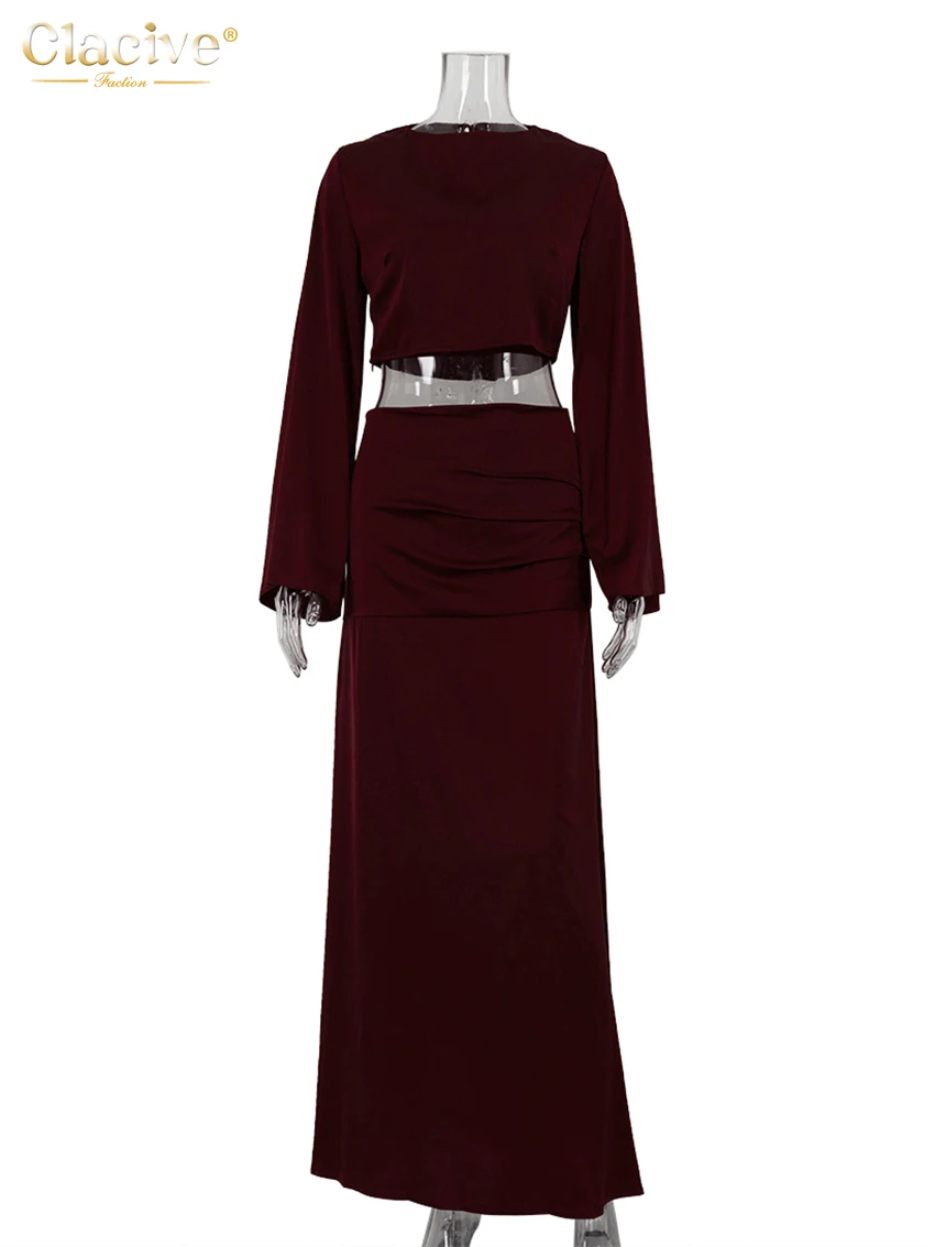 Clacive Fashion Loose Wine Red Satin 2 Piece Set Women Outfit Elegant Long Sleeve Crop Top With Mid Waist Long Skirts Set Female