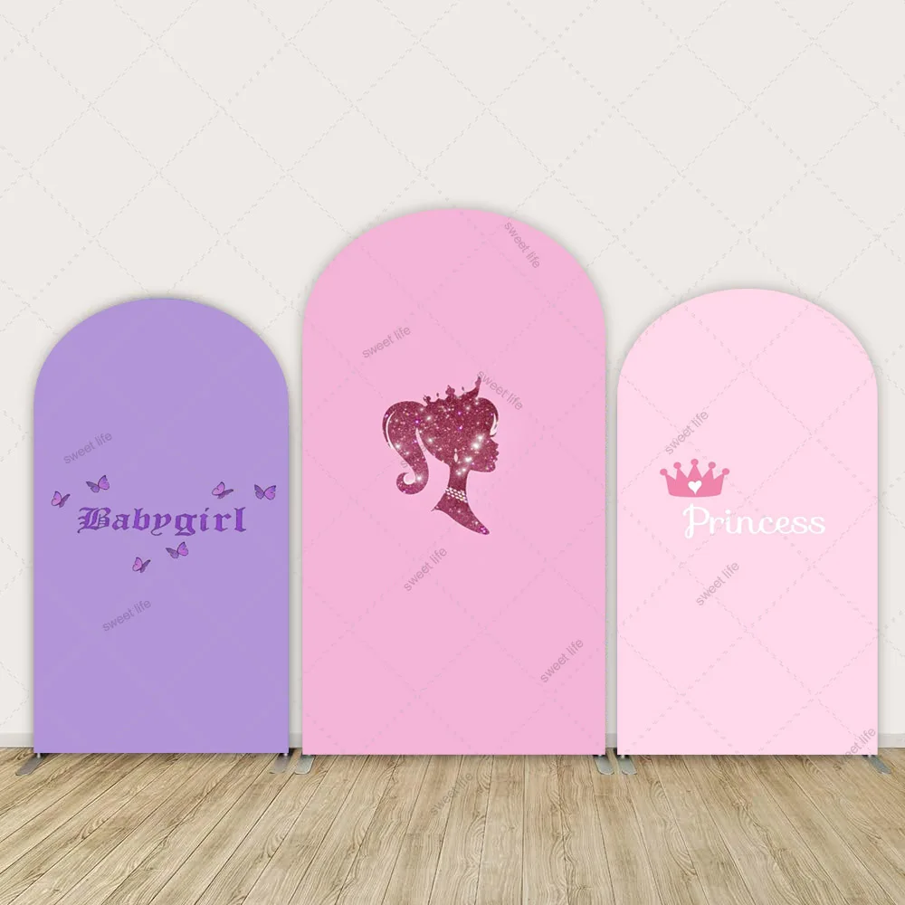 

Girl Birthday Princess Arch Backdrop Pink Crown Baby Shower Party Photography Arched Cover Background