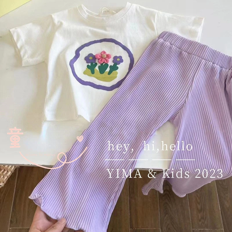 Childrens Sets Girls Summer Flower Short Sleeved T-shirt Baby Solid Color Wide Leg Pants Two Pieces 2024 Round Collar Fashion