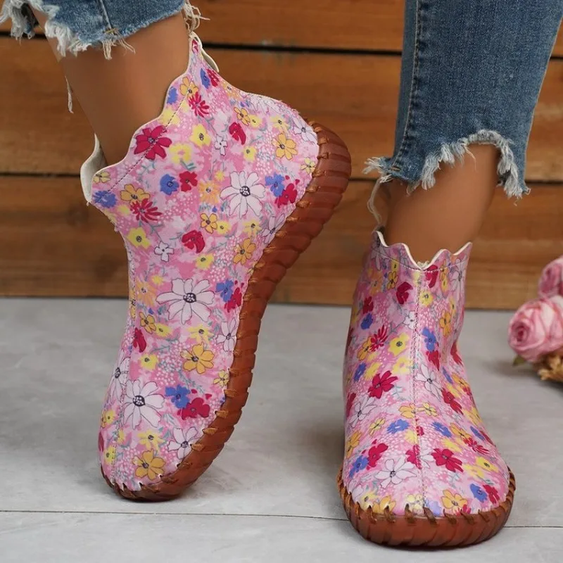 Hand-sewn Women Shoes 2023 New Ethnic Print Women\'s Boots Comfortable Round Toe Casual Flat Boots Fashion Zipper Platform Boots