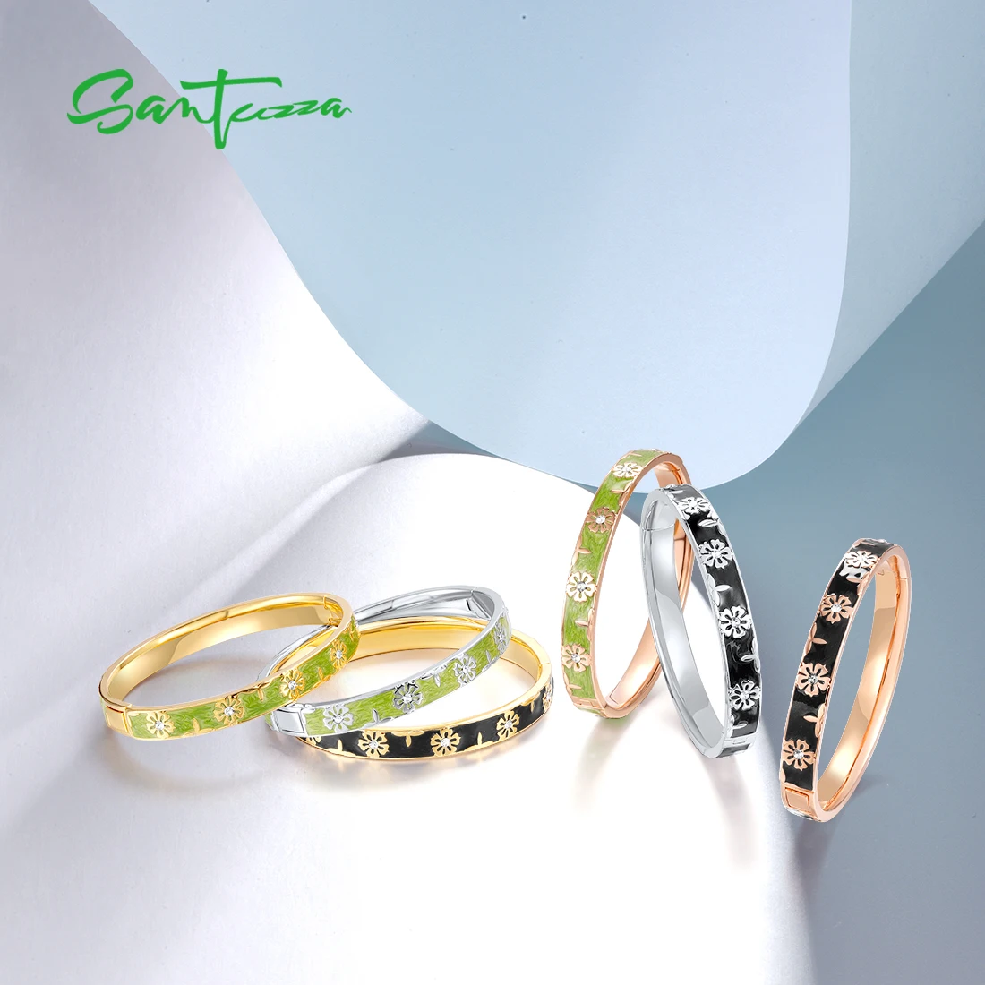 SANTUZZA النحاس الإسورة للمرأة تألق الأبيض كريستال العصرية زهرة أنيقة الإسورة الأزياء والمجوهرات المينا