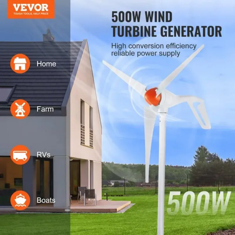 VEVOR 500W Wind Turbine Generator with Anemometer, 12V Wind Turbine Kit, 3-Blade Wind Power Generator, MPPT Controller & Adjusta