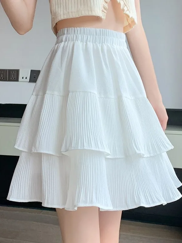 

White Pleated f Skirt Women's High WaistDra Cake ort SkirtA Line Fluffy Skirt Commuting Sle Korean Version with Li...