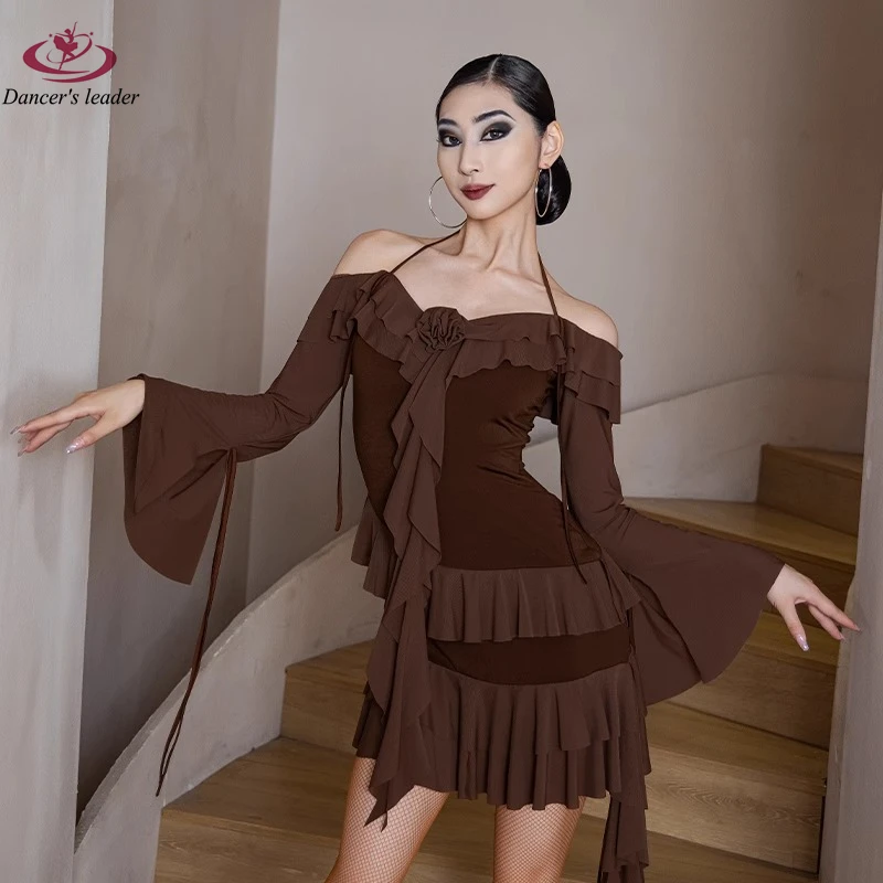 Latin Dance Autumn/Winter Style Temperament Dress Hanging Neck Ruffles Sambalumba Female Adult Stage Professional Clothing