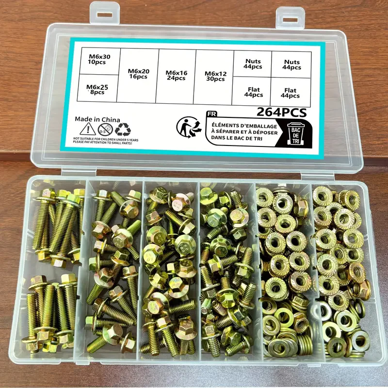 

M6-264pcs Flange Hex Head Bolt Nut Washer Kit, Grade 8.8 Alloy Steel Colored Galvanized Metric Flange Hex Screw Set.