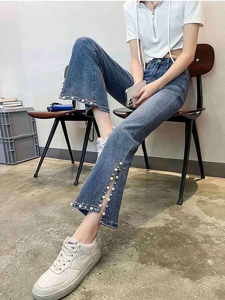 Hot Diamond Beaded Split Jeans For Women Spring Summer 2024 New High Waist Slim Bell-bottoms Trousers Denim Pants
