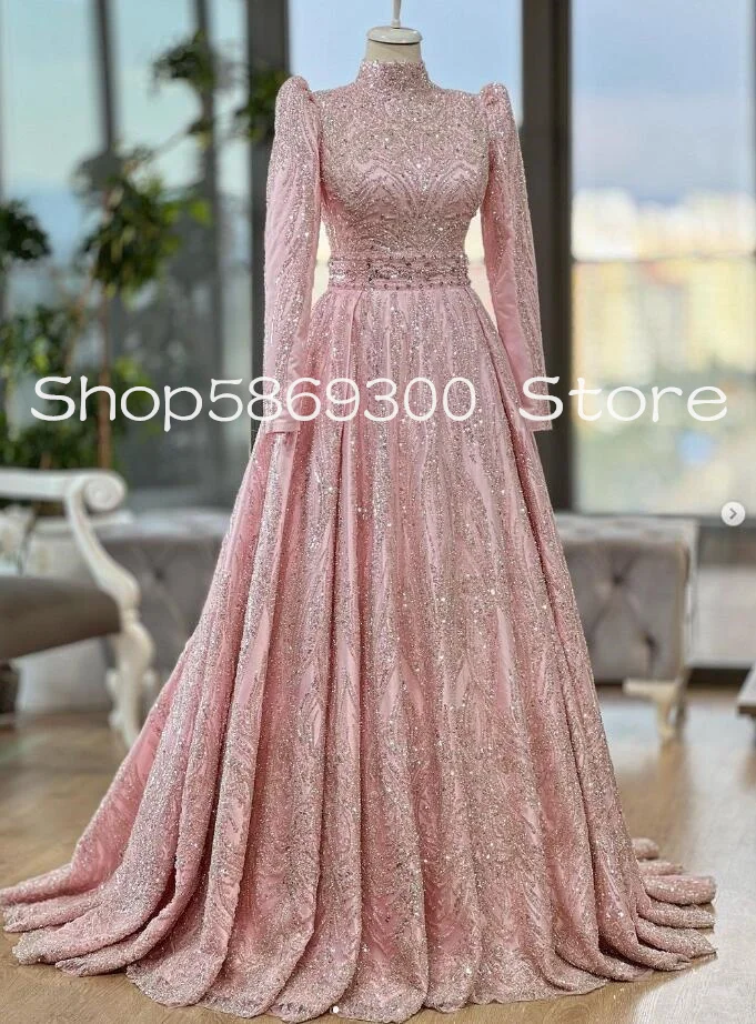 Sparkly Pink Muslim Arabic Prom Formal Dresses 2025 Long Sleeve Gillter Applique Caftan Morocca Evening Gown Outfit customsized