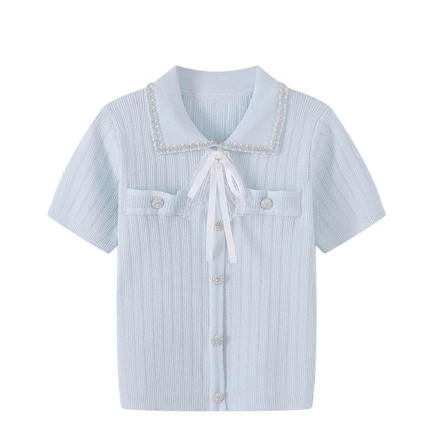 Summer New Thin Pullover Female Sweater Tshirt Simple Solid Vertical Beaded Button Lace Lapel Bowknot Knitwear Tops
