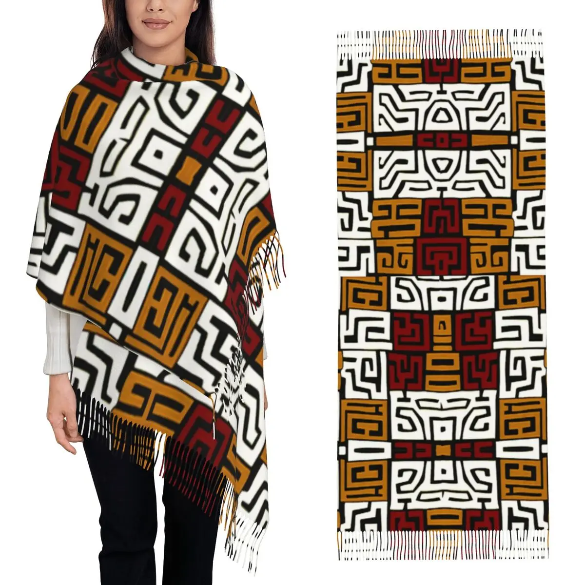 African Kuba Fabric Scarf Tassel Scarves for Women Soft Warm Shawls and Wraps Large Fall Winter Shawl Wrap