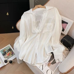 Blusas Femininas Elegantes White Fake Two-piece Lace Patchwork Suit Long Sleeved Loose Shirts Top Autumn Office Lady Blouse