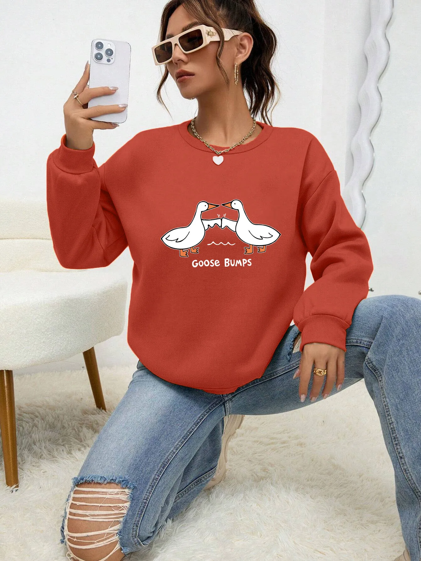 2 Goose Bumps White Printing Hoody Women Autumn Warm Sweatshirt Cartoon Street Hoodie Casual Crewneck Clothing For Female