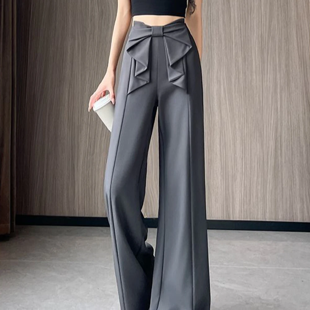 2025 summer breathable high-waisted bow straight wide-leg pants women's narrow version  high casual trousers