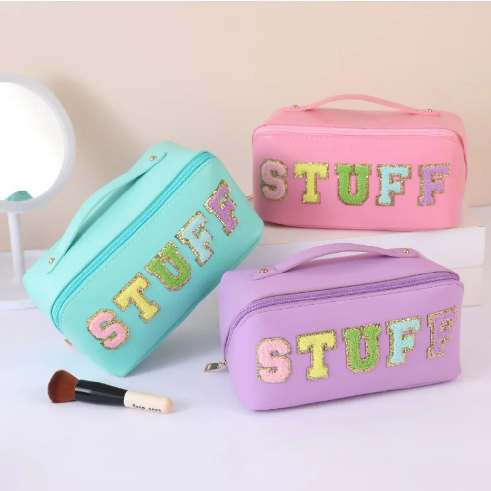 Fashion PU Lether Cosmetic Bags Women Sewn on Patches Makeup Bags Female Large Capacity Waterproof Travel Toiletries Pouch