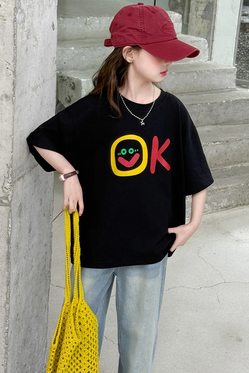 Mädchen T-Shirt Sommer 2026 Schwarz Bedruckt Kurzarm-Oberteil und Weite Jeans Zweiteiliges Set Süße Lässige Kinderkleidung – Detail 5
