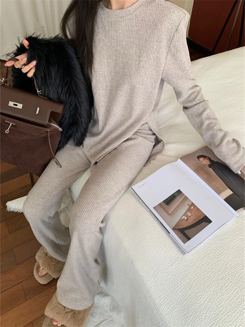 Alien Kitty Chic Minimalist Suits Women Elegant 2024 Lazy Style Sweaters Daily Winter Knitted Wide Leg Loose Mopping Pants Sets