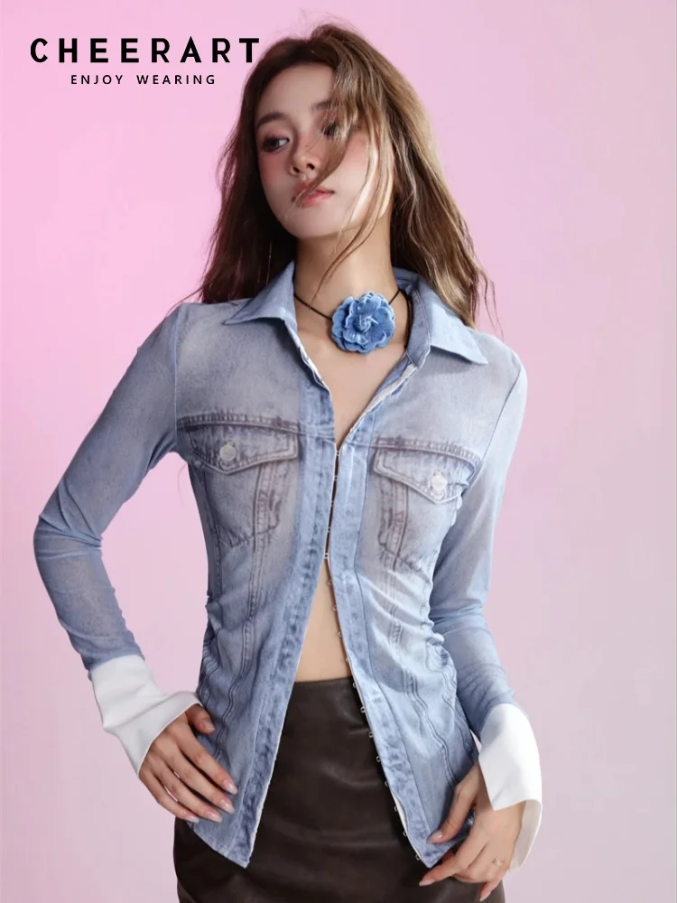 

CHEERART Y2k Fashion Fake Denim Print Mesh Top Long Sleeve Shirt For Women Hasp Collared Shirt See Through Top Clothing