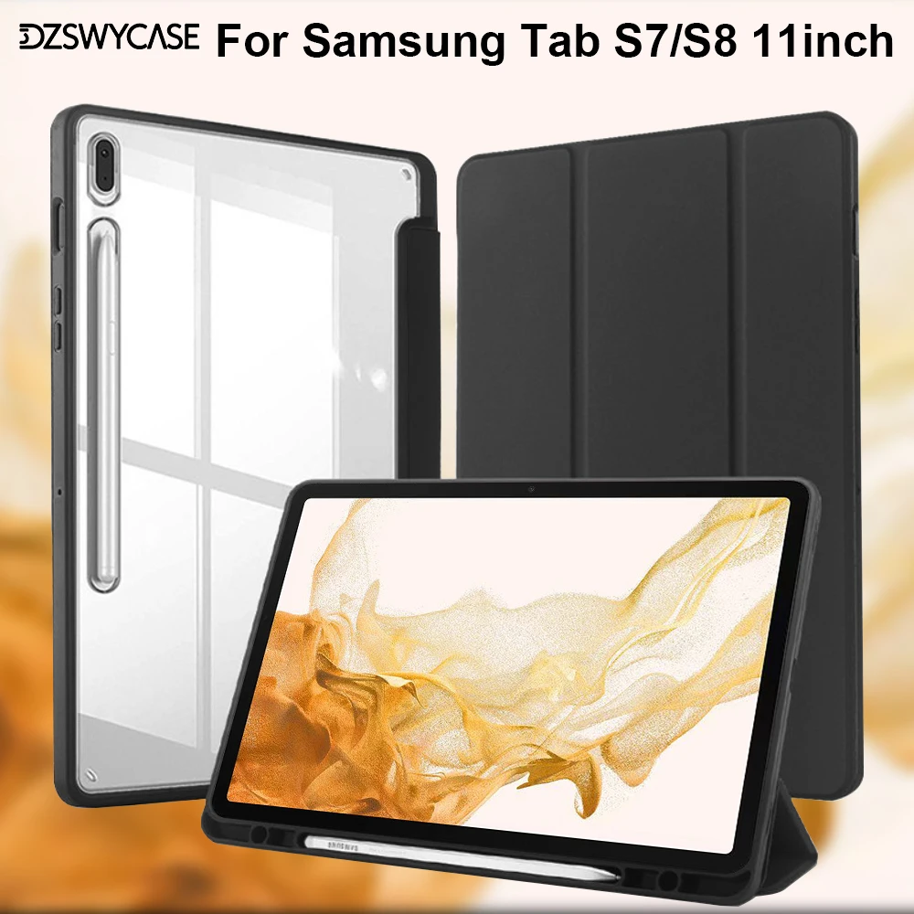 Hülle für Samsung Galaxy Tab S7/S8 11 Zoll, mit Stifthalter, transparente Rückseite aus Acryl, stoßfest, automatische Schlaf-/Wachfunktion