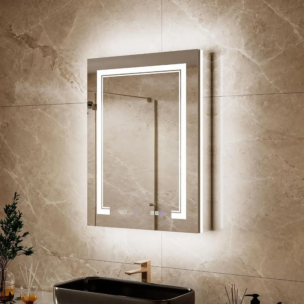24"W x 32"H Medicine Cabinet, LED Lighted Medicine Cabinet with Mirror | Clock Temp Display, 5X Magniier, Surace or Reced Mount,