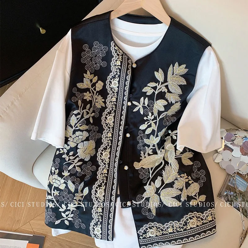

Gold Thread Embroidered Flroral Satin Jackets Vest Black O-neck Chinese Style Waistcoats High End Temperament Elegant Women Coat