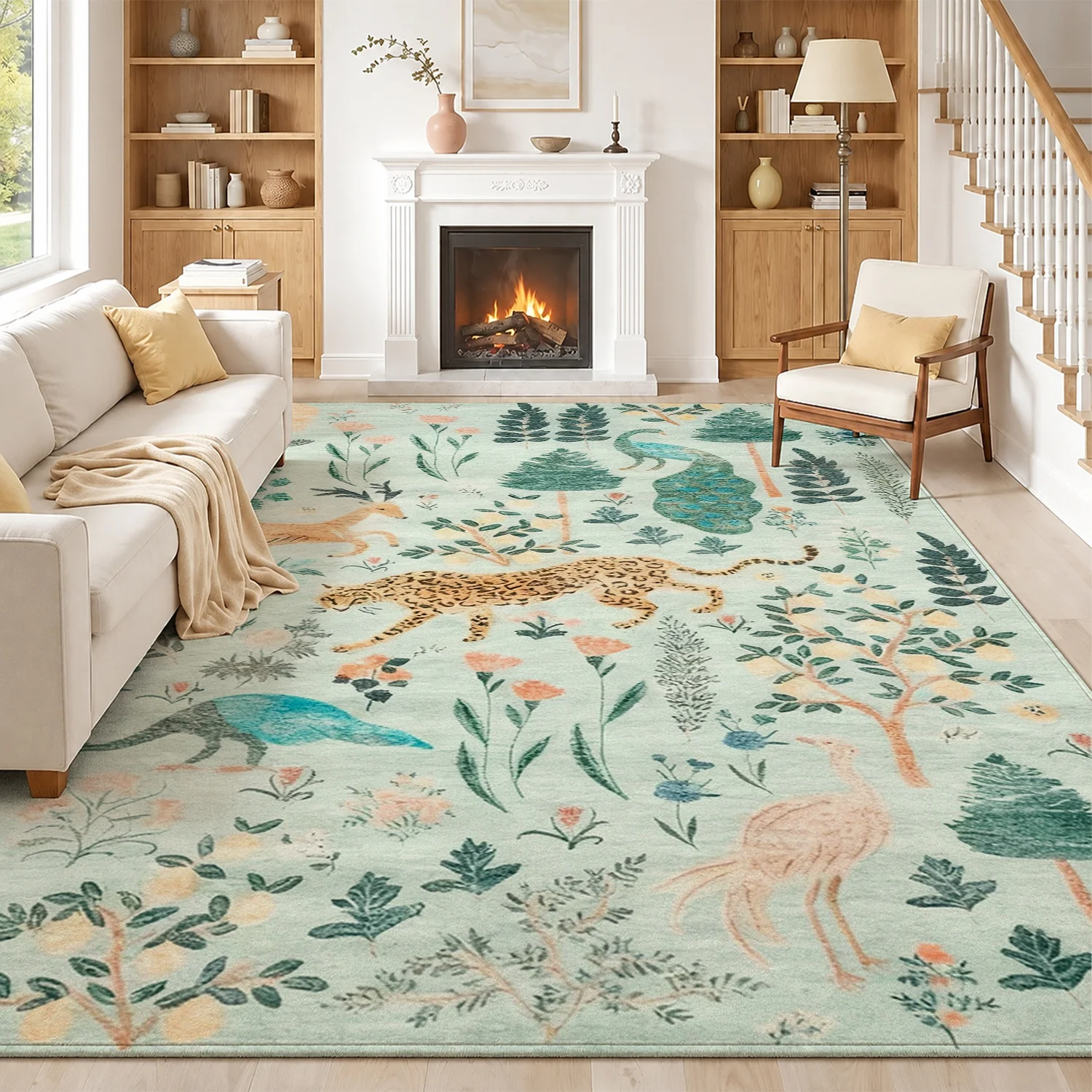 Large Indoor Area Rug, Soft Velvet Low Pile with Non-slip Dotted Backing, Machine Washable, Whimsical Forest Animal & Nature Foliage Pattern in Light Mint, Great for Living Room, Bedroom, Cozy Home Decor