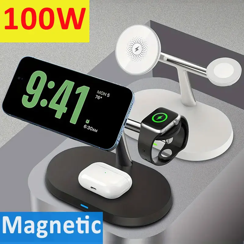 100W Magnetic Wireless Charger Stand For iPhone 15 14 13 Pro Max Apple Watch 8 7 6 Airprods 3 In 1 Macsafe Fast Charging Station