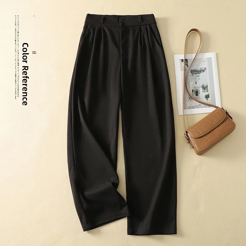 Loose Straight Leg Casual Pants for Women High Waist Long Trousers Pure Color Spring Autumn Winter Versatile Elastic Waist