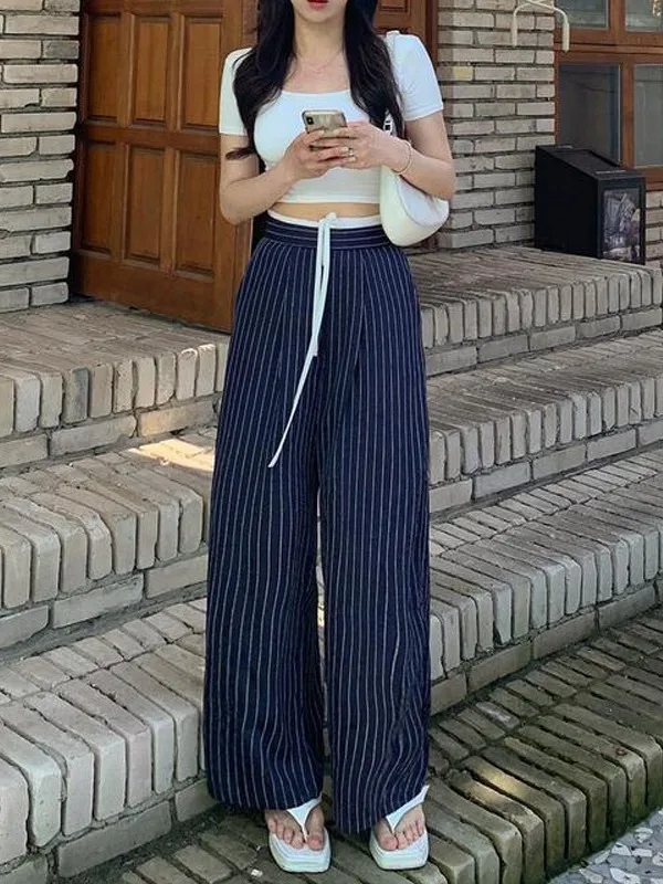 Faionable Casual Hosen frauen 2025, Sommer Neue Anti-Aging Patchwork Streifen Breite Bein West Hosen Sli Ele Bequem