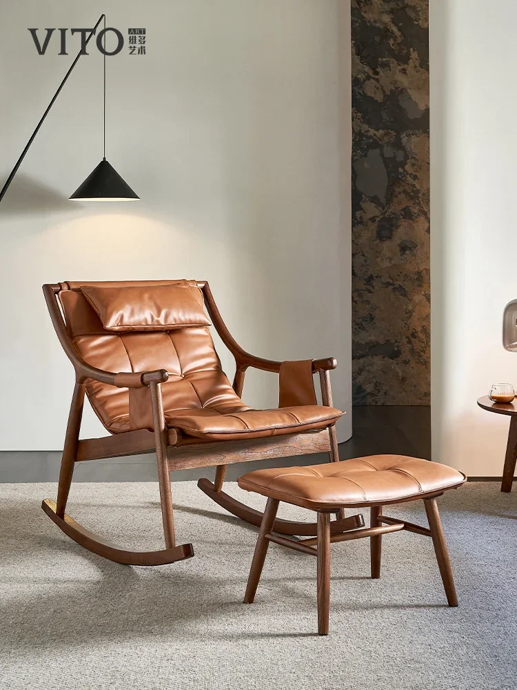 Nordic solid wood leather rocking chair living room lazy leisure chair sofa adult recliner household Chinese balcony rocking