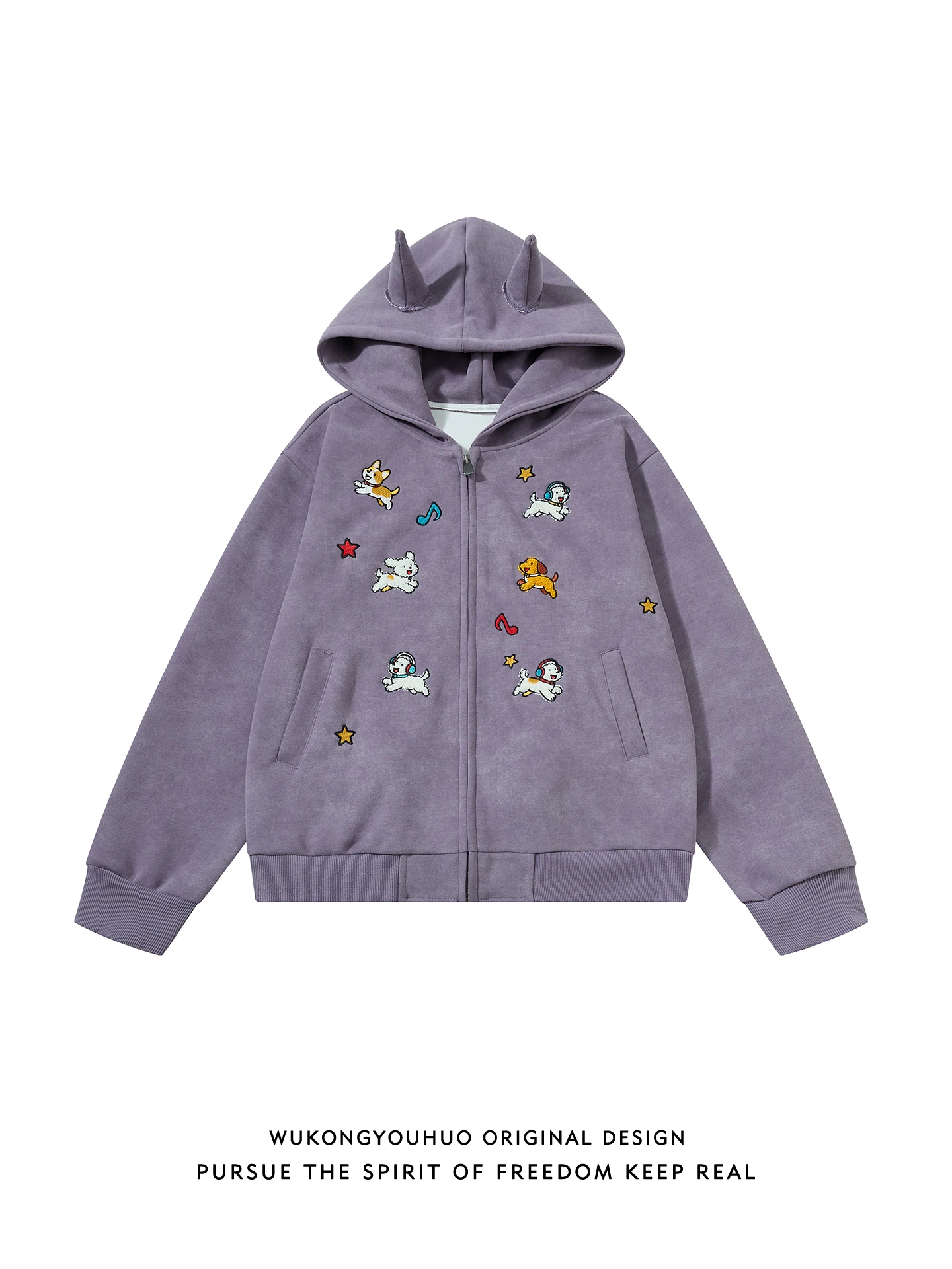 

Stitching American Sle Dog Embroidery Open Cardigan Hoodie ex Retro Trendy Couple Match Hat irt Outerwear