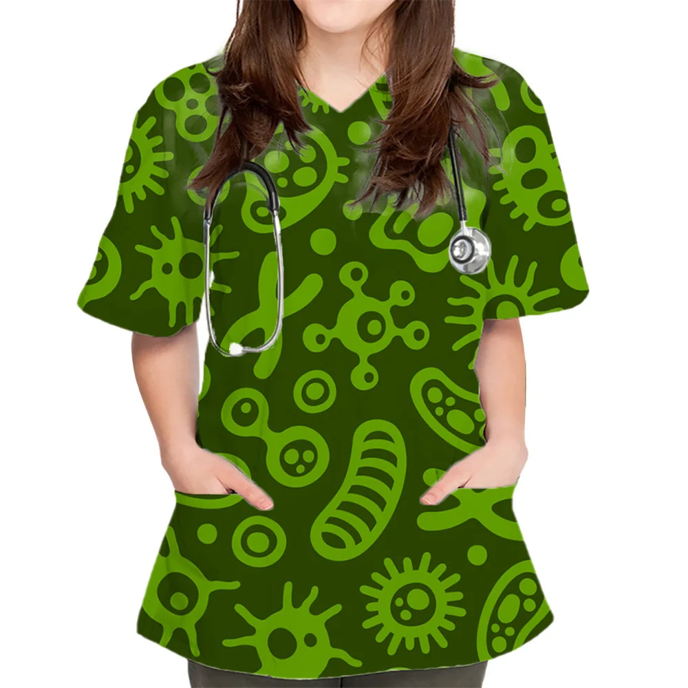 New Women Tops Bacteriogram Print Pharmacist Veterinary Nurse Fashion Slim Beauty Scrub Clothes Spa Medical Lab Medical Uniform