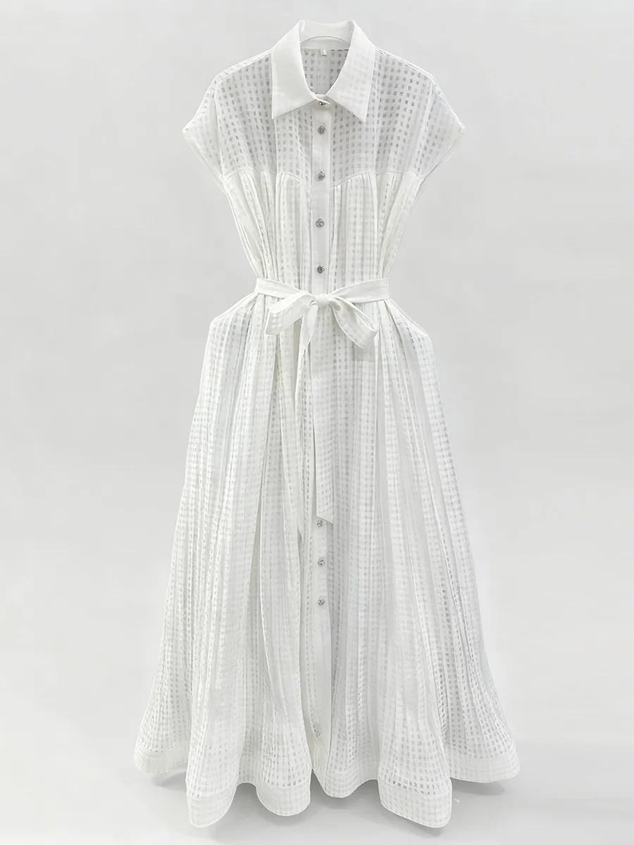 TWOTWINSTYLE Solid Sheer Spliced Shirring Casual Dresses for Women Lapel Sleeveless Patchwork Single Breasted Dress Female New