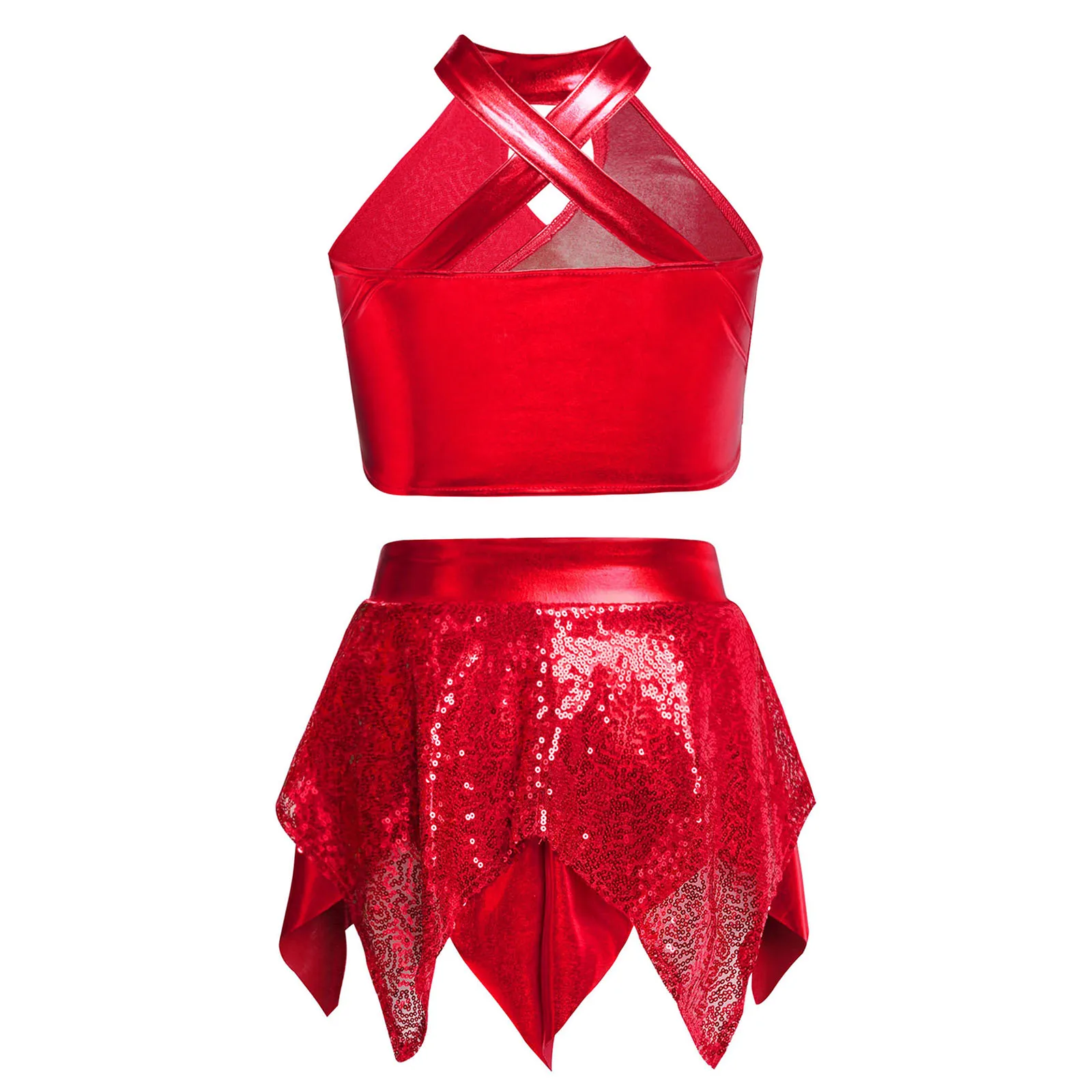 Kids Girls Metallic Sparkly Sequin Jazz Dance Crop Top with Asymmetric Mini Skirt Street Hiphop Cheerleading Performance Costume