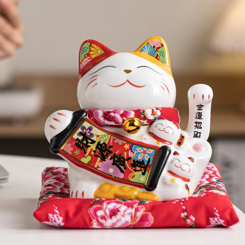 7.32 Inch Flower Lucky Cat Ornament Ceramic Fortune Cat Maneki Neko Statue Waving Hand Beckoning Cat Figure Centerpiece