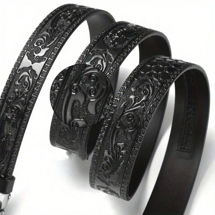 Echte Leder-Herrengürtel, modische und trendige Ledergürtel mit automatischer Schnalle aus Metalllegierung, lässiger Gürtel, geschnitzter Hosenriemen, Jeansgürtel, vielseitiger Gürtel für Herren. – Detail 8