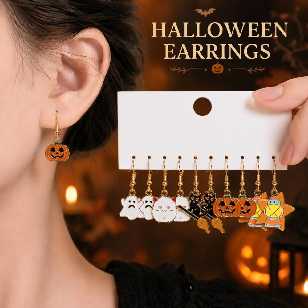 5 Pairs Halloween Enamel Dangle Earrings Ghost Cute Demon Black Cat Witch Broom Pumpkin Star Lantern Holiday Party Jewelry Gift