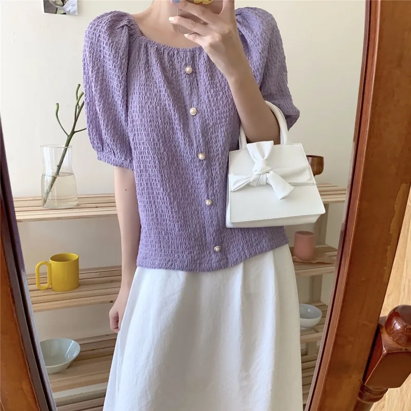 

Блузки женские однотонные офисные женские с пышными рукавами элегантные простые летние повседневные свободные универсальные милые повседневные пуговицы шикарный корейский стиль