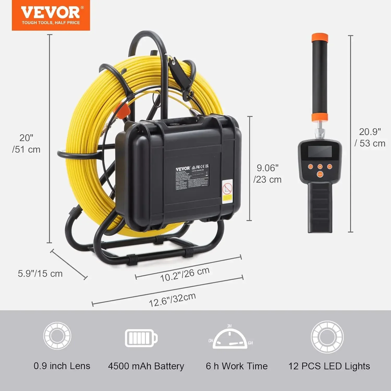 Cámara de alcantarillado con localizador de 512 Hz, 165 pies/50 m, cámara de inspección de tuberías de 9" con función DVR, cámara IP68 con 12 LED ajustables